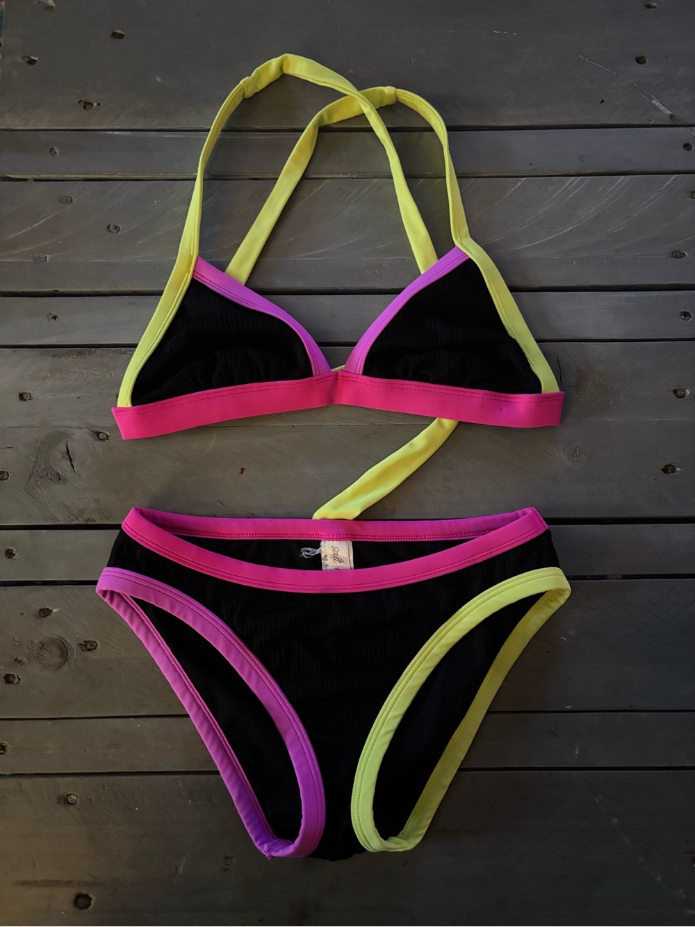 Salt + Cove Neon Colorblock Bikini Set - Black with Pink & Lime Trim Size Small